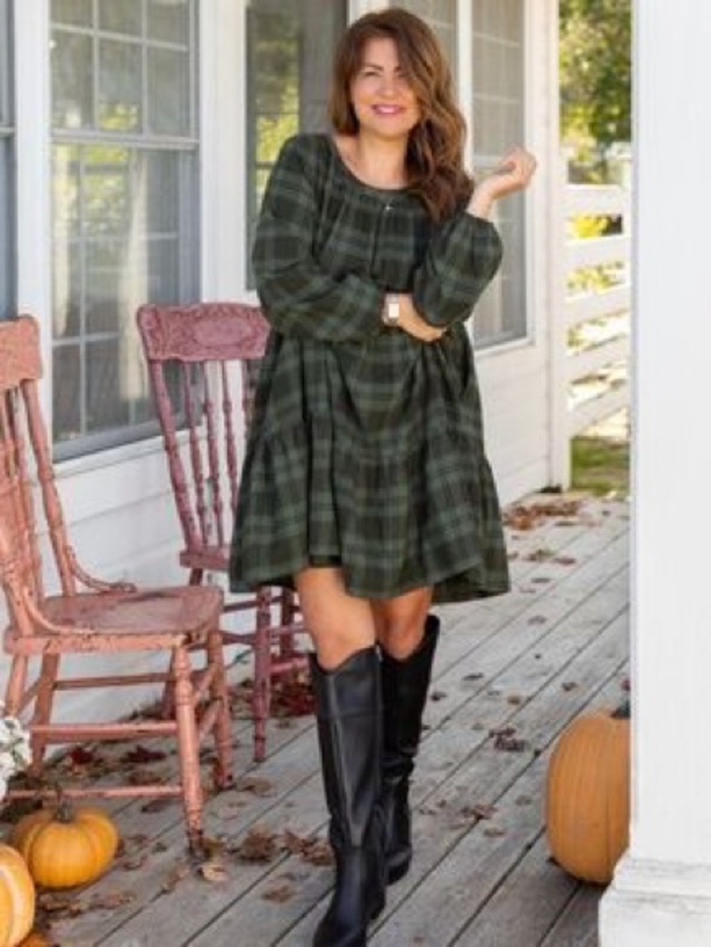 Mom & Me Green Plaid Set. Tiered Long Sleeve Midi Dress & Boys collared shirt
